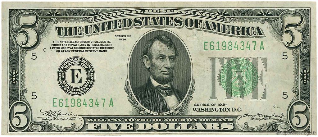 5 Dollars UNITED STATES OF AMERICA Richmond 1934 P.429D VF