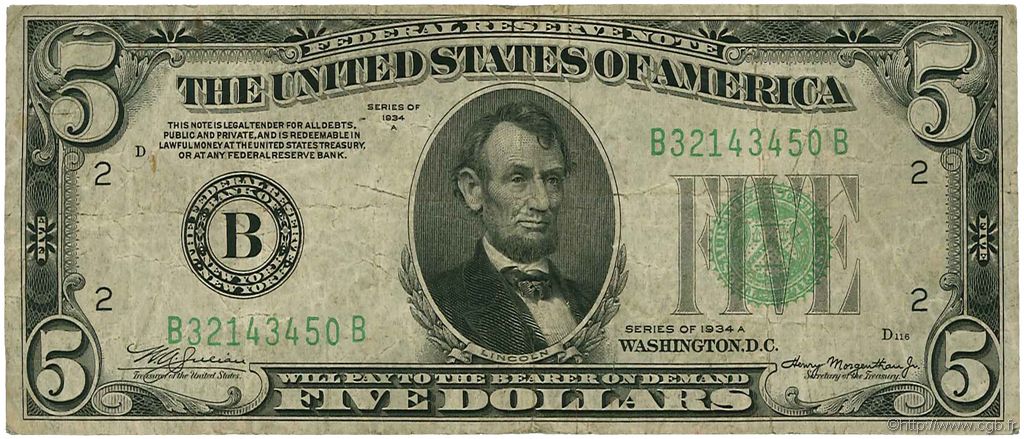 5 Dollars STATI UNITI D AMERICA New York 1934 P.429Da MB