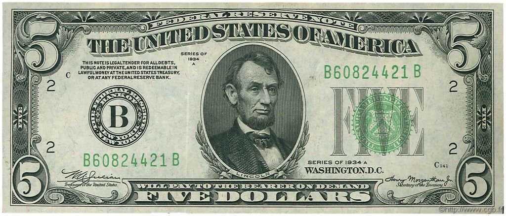 5 Dollars STATI UNITI D AMERICA New York 1934 P.429Da q.SPL