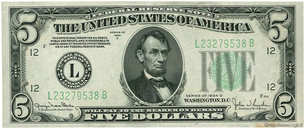 5 Dollars UNITED STATES OF AMERICA San Francisco 1934 P.429Dd XF