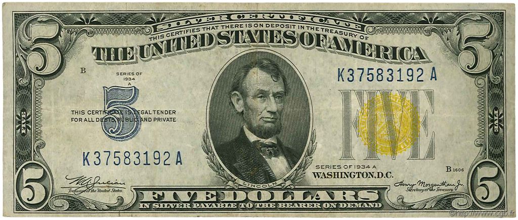5 Dollars ÉTATS-UNIS D AMÉRIQUE  1934 P.414AY pr.TTB