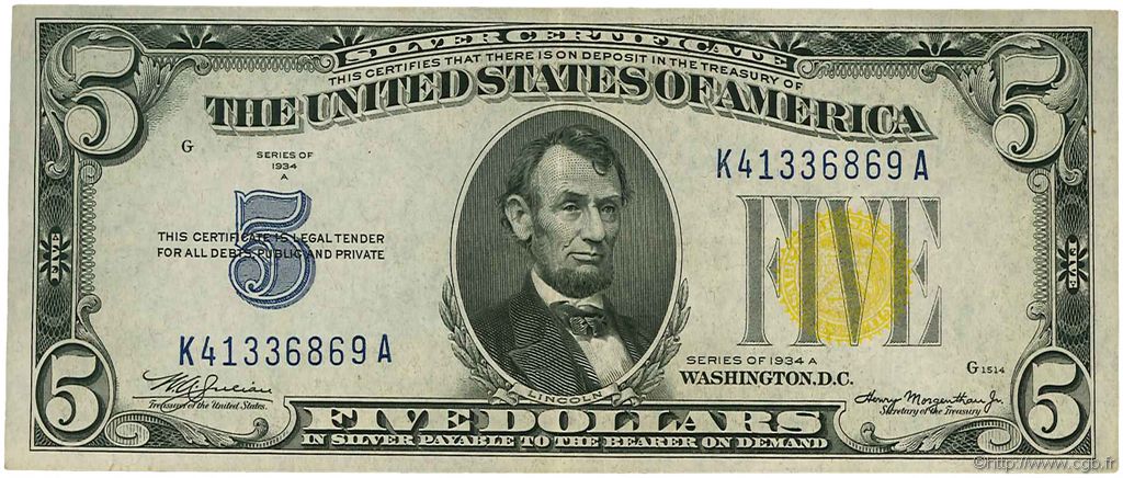 5 Dollars VEREINIGTE STAATEN VON AMERIKA  1934 P.414AY VZ