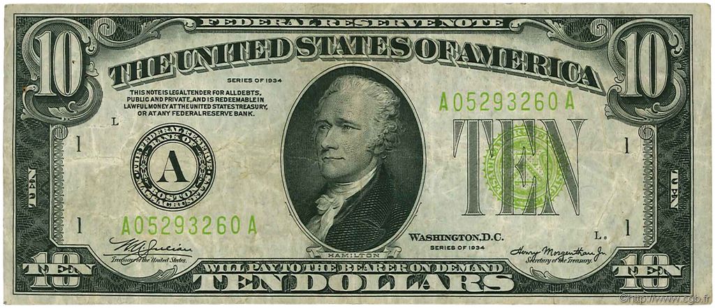 10 Dollars ESTADOS UNIDOS DE AMÉRICA Boston 1934 P.430D BC+