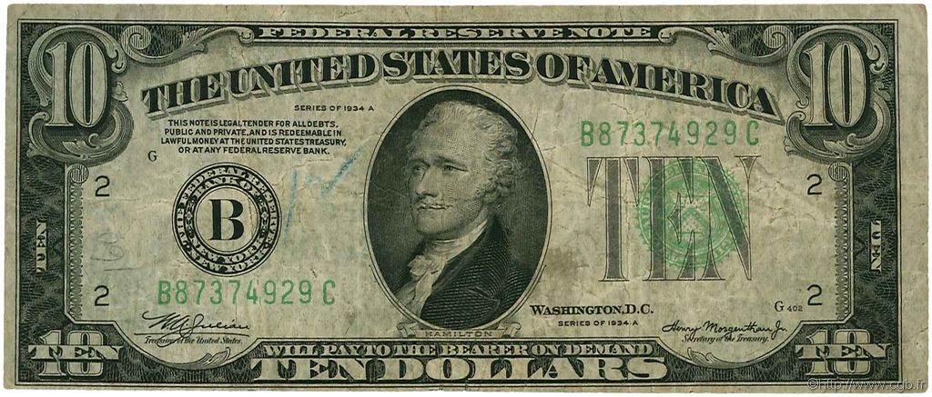 10 Dollars ÉTATS-UNIS D AMÉRIQUE New York 1934 P.430Da B+
