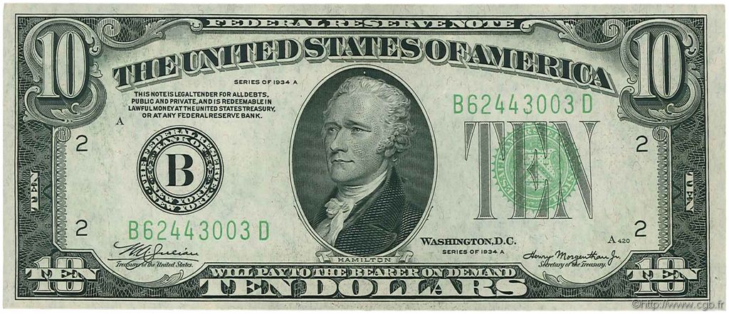 10 Dollars UNITED STATES OF AMERICA New York 1934 P.430Da XF-
