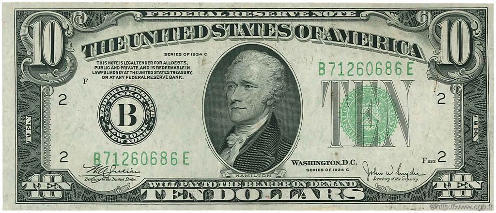 10 Dollars UNITED STATES OF AMERICA New York 1934 P.430Dc VF+