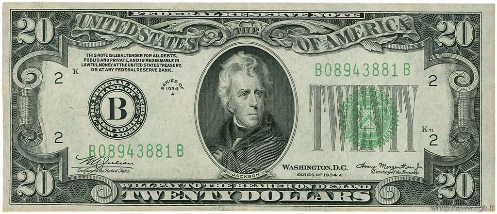 20 Dollars STATI UNITI D AMERICA New York 1934 P.431Da SPL