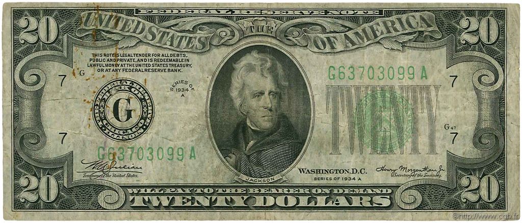 20 Dollars ÉTATS-UNIS D AMÉRIQUE Chicago 1934 P.431Da B+