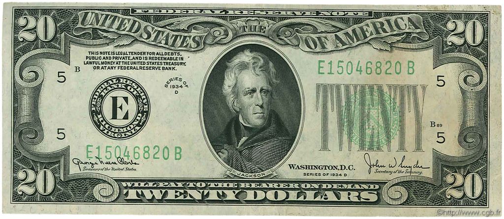20 Dollars STATI UNITI D AMERICA Richmond 1934 P.431Dd MB