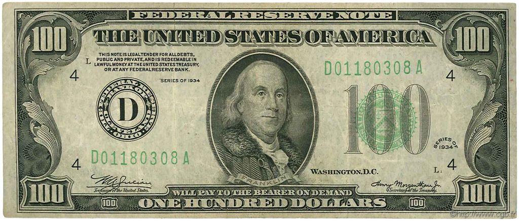 100 Dollars UNITED STATES OF AMERICA Cleveland 1934 P.433D F+