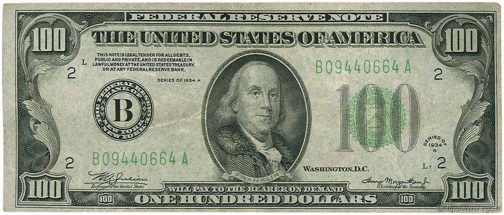 100 Dollars STATI UNITI D AMERICA New York 1934 P.433Da q.BB