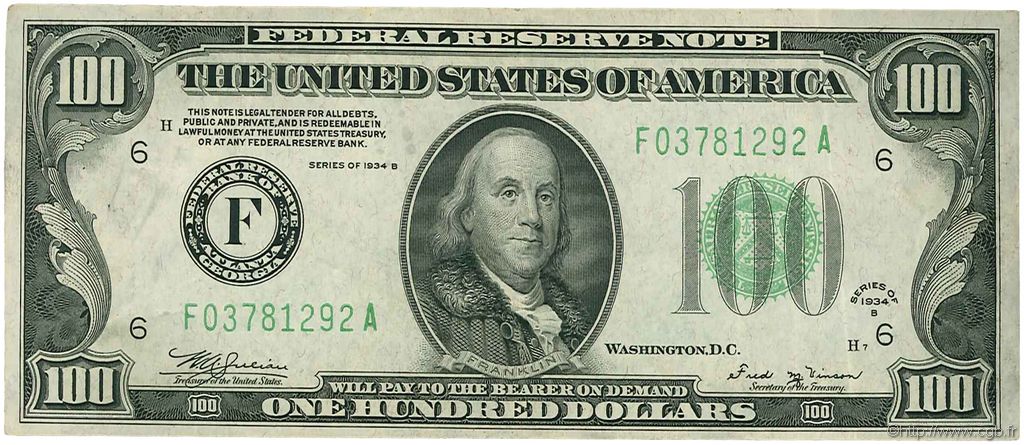 100 Dollars ÉTATS-UNIS D AMÉRIQUE Atlanta 1934 P.433Db TTB+