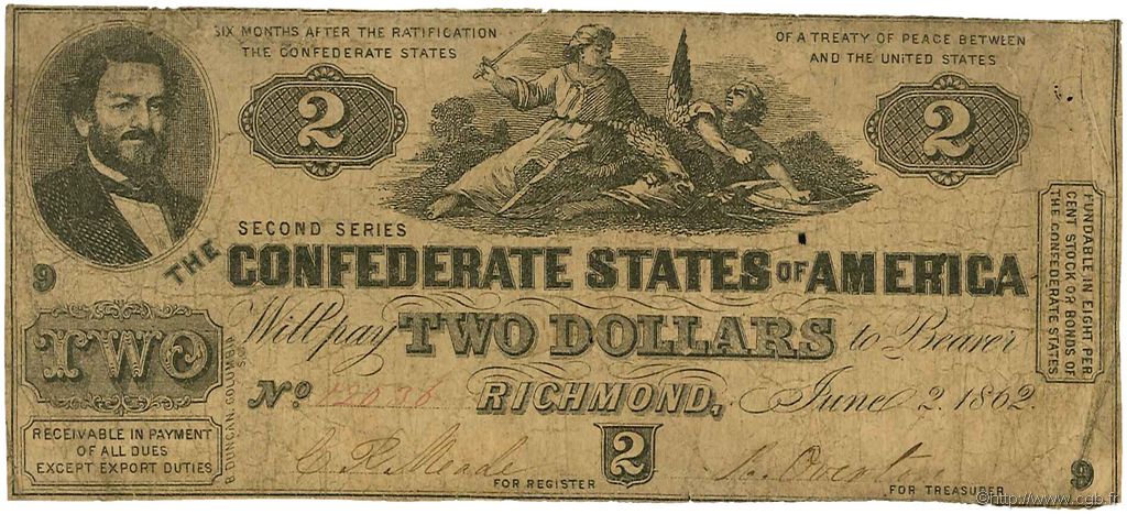 2 Dollars ESTADOS CONFEDERADOS DE AMÉRICA  1862 P.41 RC+