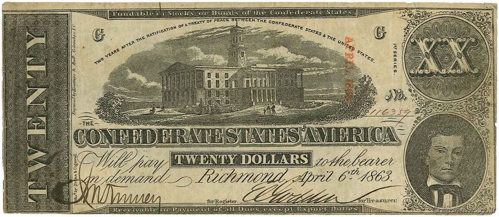 20 Dollars ESTADOS CONFEDERADOS DE AMÉRICA  1863 P.61a MBC
