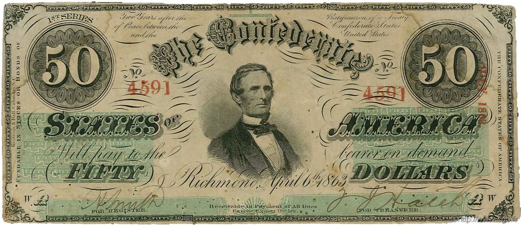50 Dollars CONFEDERATE STATES OF AMERICA  1863 P.62b F+