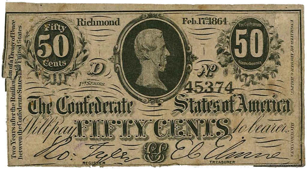 50 Cents ÉTATS CONFÉDÉRÉS D AMÉRIQUE  1864 P.64a B+
