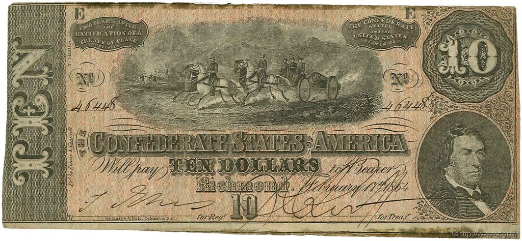 10 Dollars ÉTATS CONFÉDÉRÉS D AMÉRIQUE  1864 P.68 TTB
