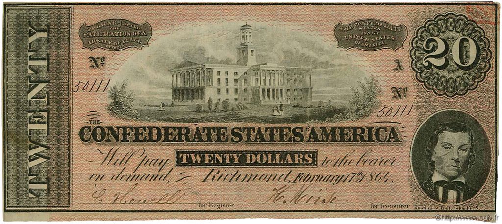 20 Dollars Гражданская война в США  1864 P.69 XF