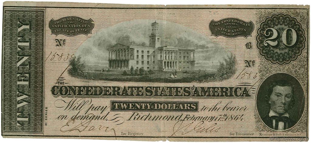 20 Dollars STATI CONFEDERATI D AMERICA  1864 P.69 q.BB