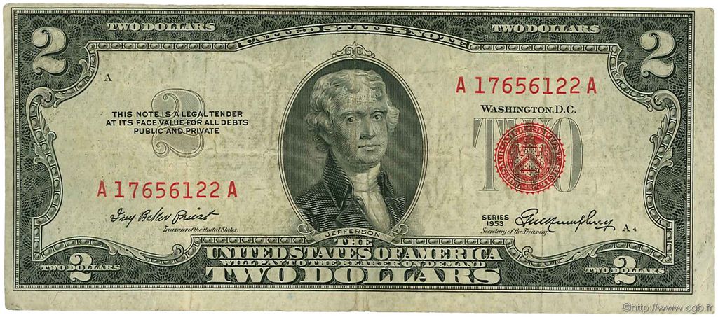 2 Dollars ÉTATS-UNIS D AMÉRIQUE  1953 P.380 TB