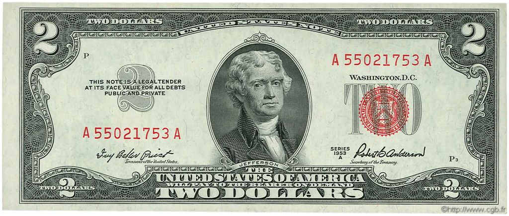 2 Dollars UNITED STATES OF AMERICA  1953 P.380a UNC-