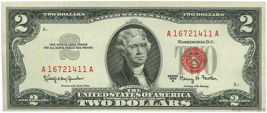2 Dollars UNITED STATES OF AMERICA  1963 P.382b XF+