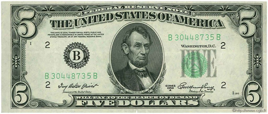 5 Dollars VEREINIGTE STAATEN VON AMERIKA New York 1950 P.438a VZ
