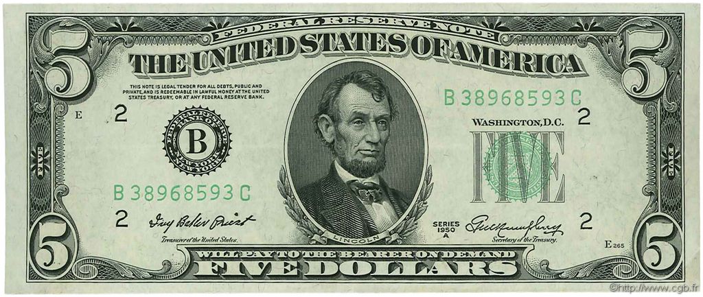5 Dollars STATI UNITI D AMERICA New York 1950 P.438a q.AU