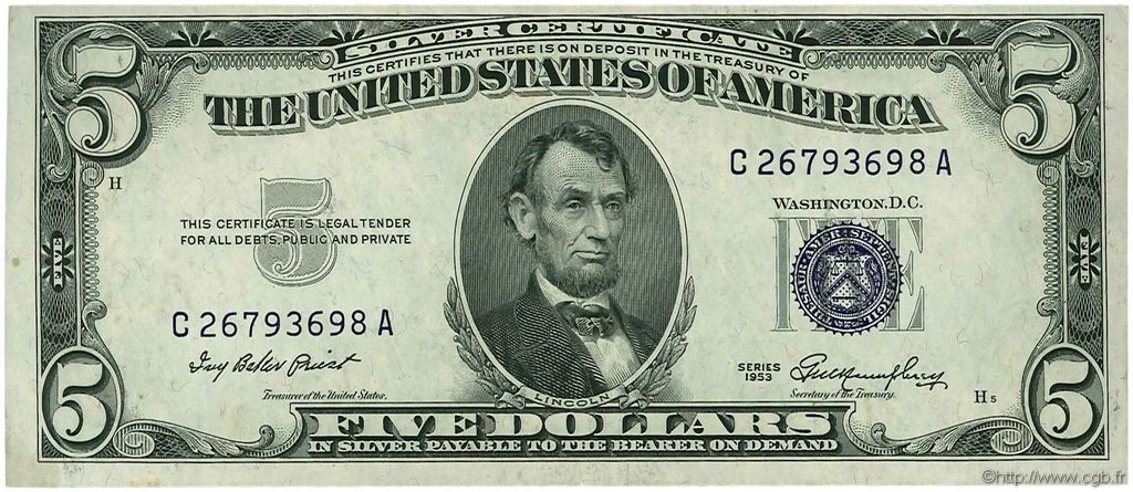 5 Dollars UNITED STATES OF AMERICA  1953 P.417 XF