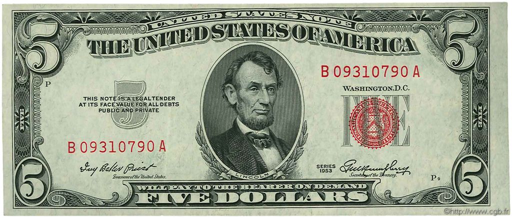5 Dollars UNITED STATES OF AMERICA  1953 P.381 XF+