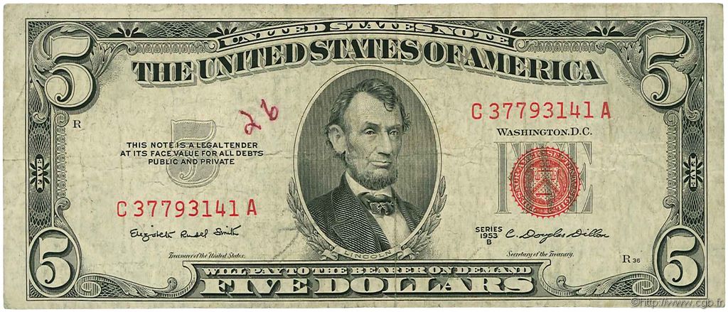 5 Dollars STATI UNITI D AMERICA  1953 P.381b MB