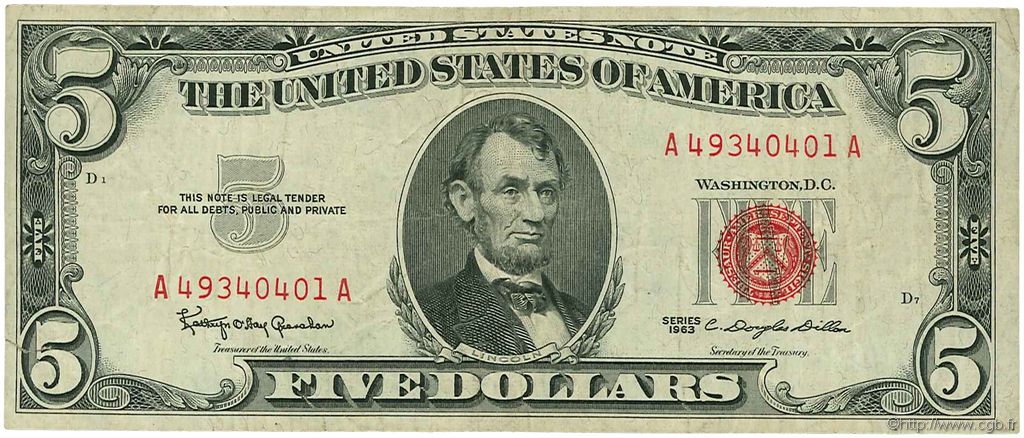 5 Dollars STATI UNITI D AMERICA  1963 P.383 BB