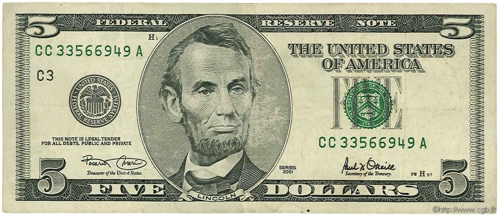 5 Dollars UNITED STATES OF AMERICA Philadelphia 2001 P.510 VF
