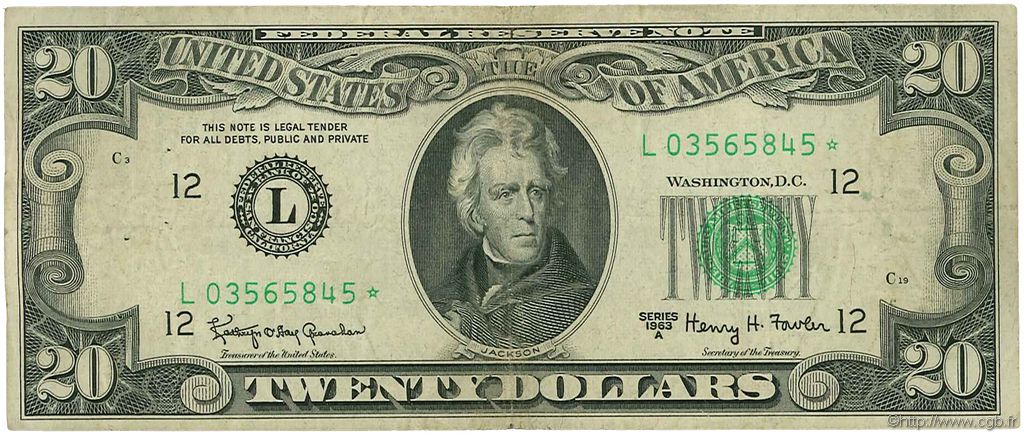 20 Dollars ÉTATS-UNIS D AMÉRIQUE San Francisco 1963 P.446b pr.TTB
