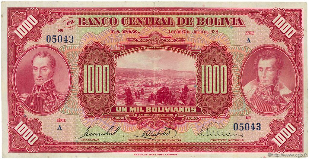 1000 Bolivianos BOLIVIA  1928 P.127b BB