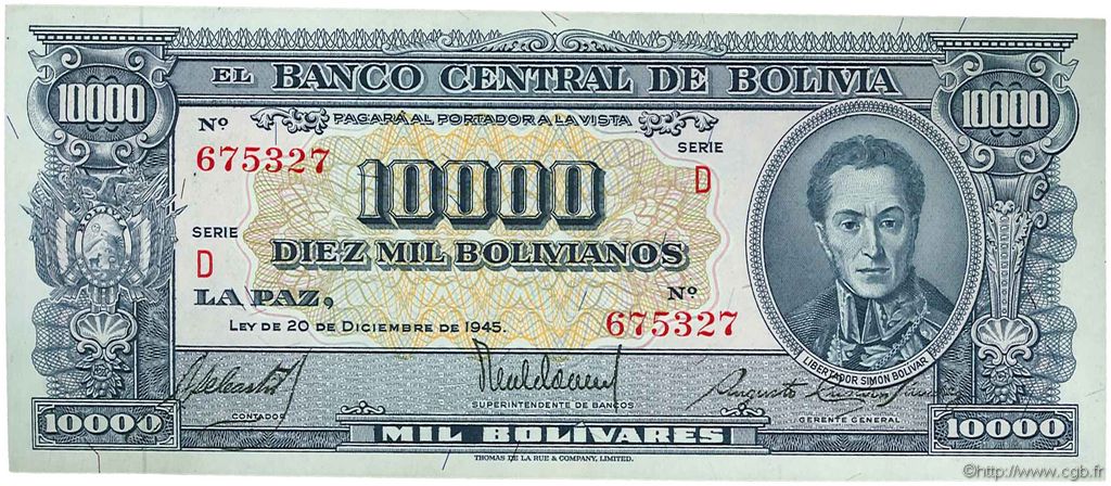 10000 Bolivianos BOLIVIA  1945 P.151 SPL+