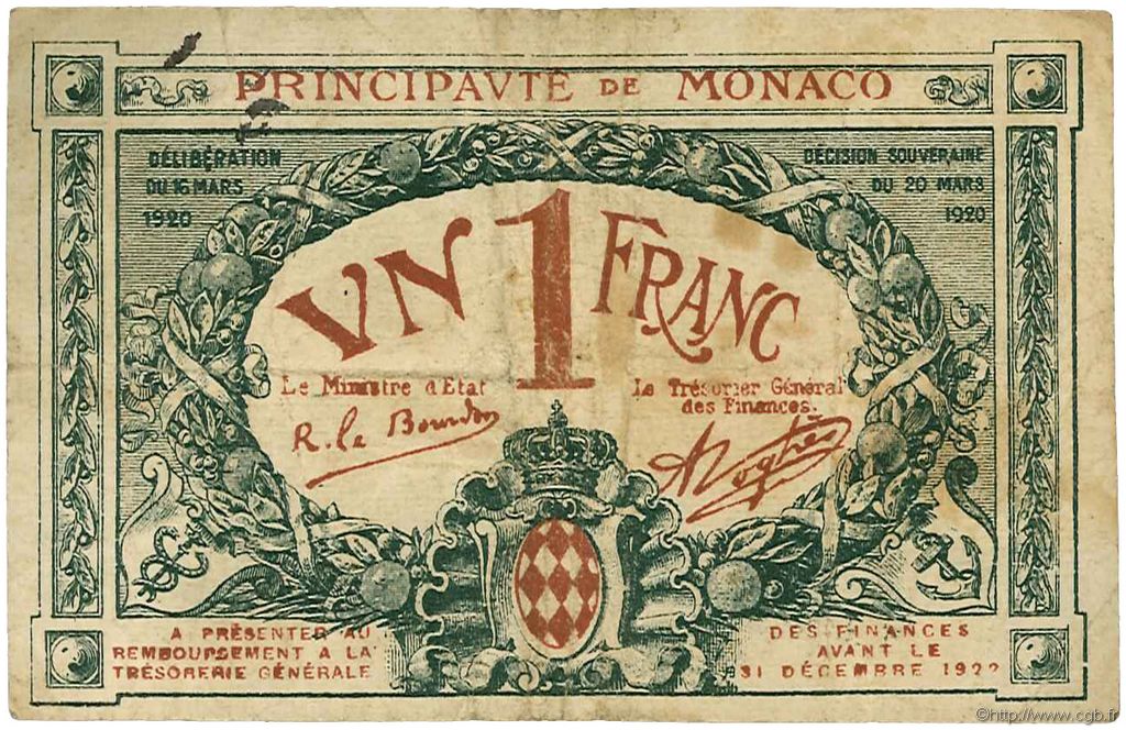 1 Franc MONACO  1920 P.05 fSS