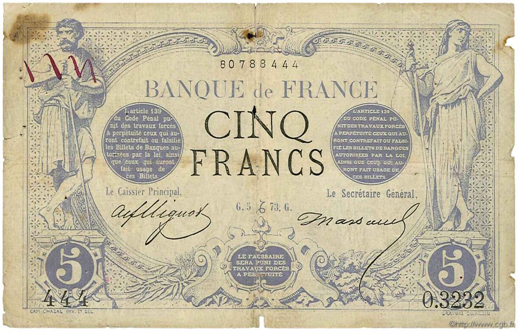 5 Francs NOIR FRANCE  1873 F.01.24 B