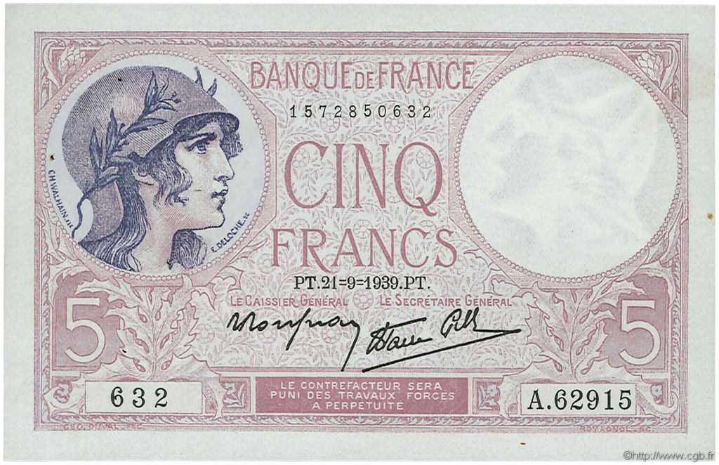 5 Francs FEMME CASQUÉE modifié FRANCIA  1939 F.04.09 SPL+