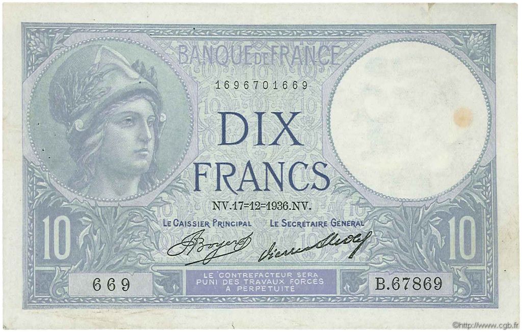 10 Francs MINERVE FRANCIA  1936 F.06.17 q.BB