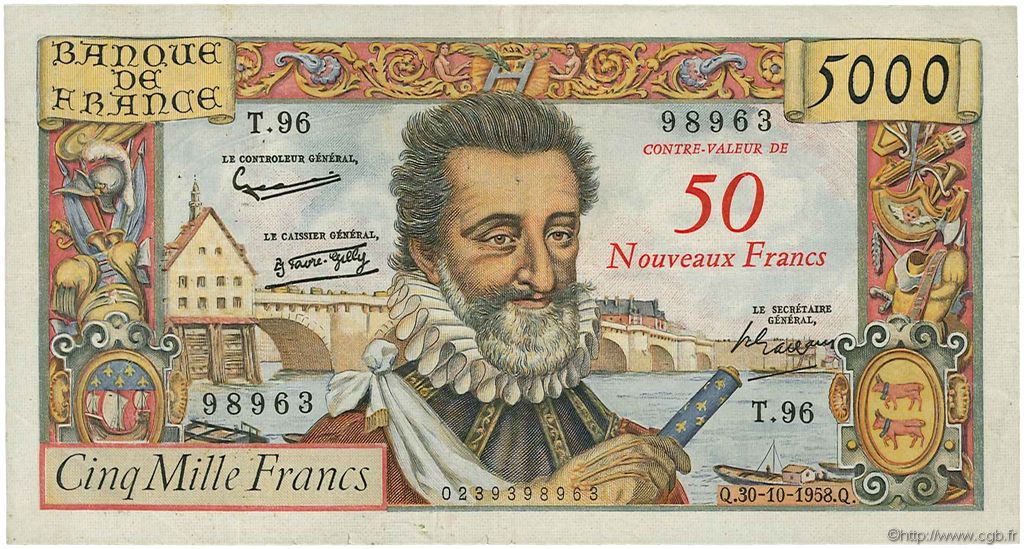 50 NF sur 5000 Francs HENRI IV FRANCIA  1958 F.54.01 MBC