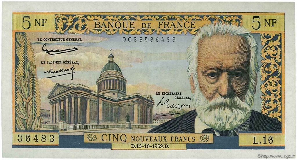 5 Nouveaux Francs VICTOR HUGO FRANCE  1959 F.56.03 VF+