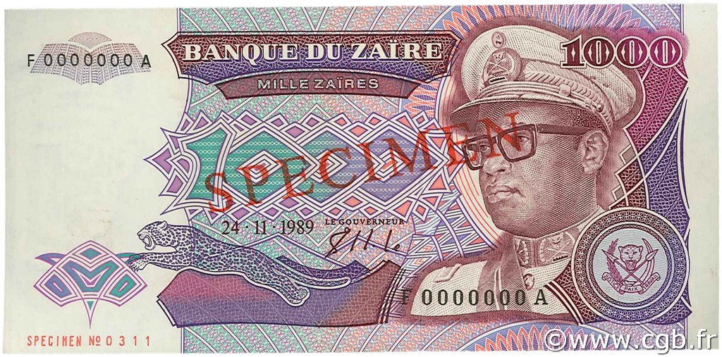 1000 Zaïres Spécimen ZAIRE  1989 P.35s q.FDC
