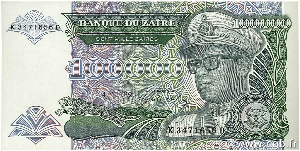 100000 Zaïres ZAIRE  1992 P.41a AU