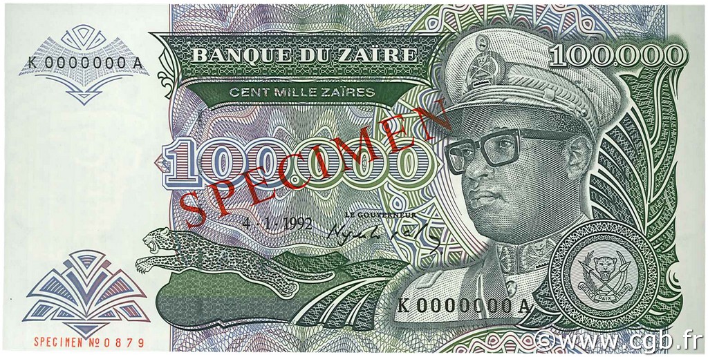 100000 Zaïres Spécimen ZAIRE  1992 P.41s FDC