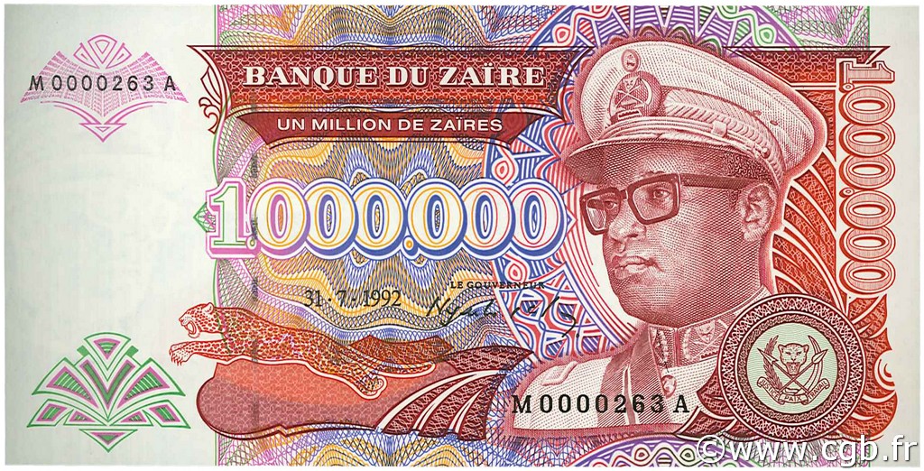 1000000 Zaïres Petit numéro ZAÏRE  1992 P.44a FDC