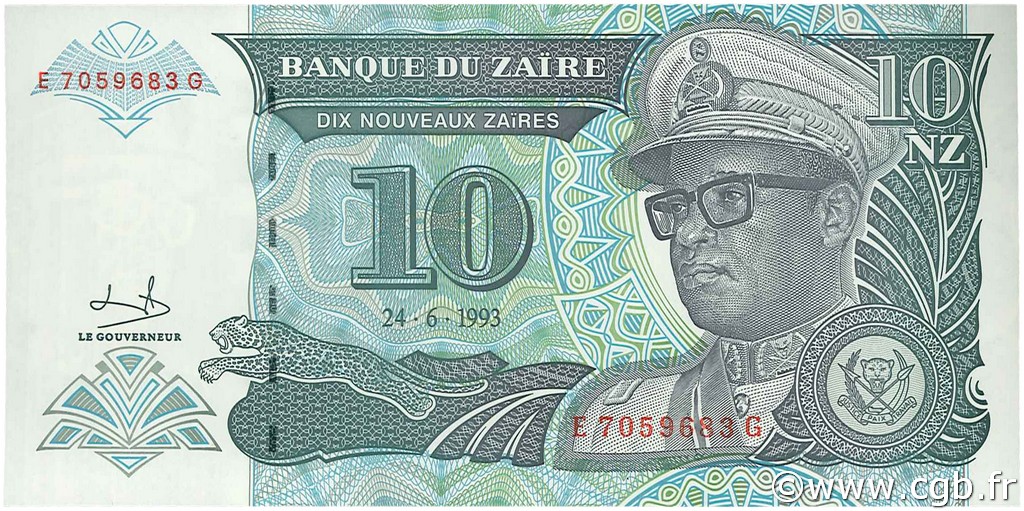 ZAIRE BANKNOTES UNC CLASSIC LARGE 10 ZAIRES NOTE IN MINT DATE  1993 