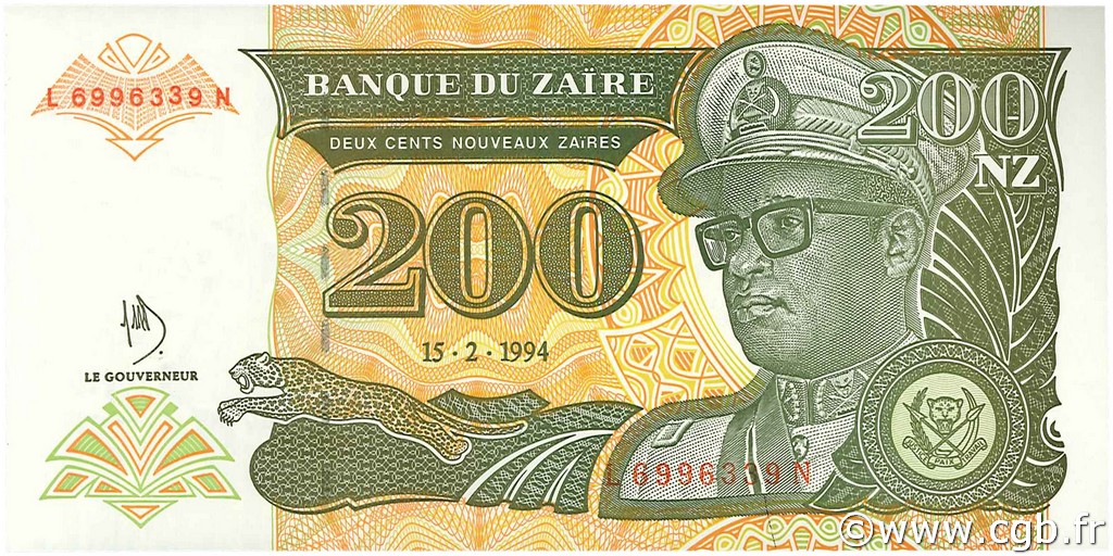 200 Nouveaux Zaïres ZAIRE  1994 P.61a FDC