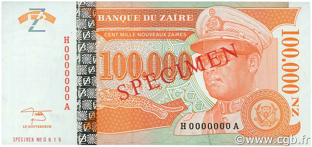 100000 Nouveaux Zaïres Spécimen ZAÏRE  1996 P.76s pr.NEUF