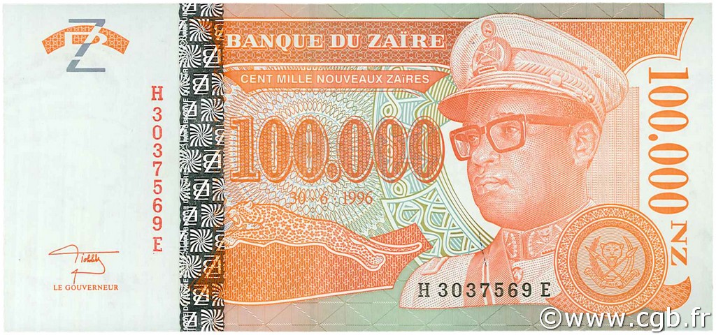 100000 Nouveaux Zaïres ZAIRE  1996 P.77 UNC